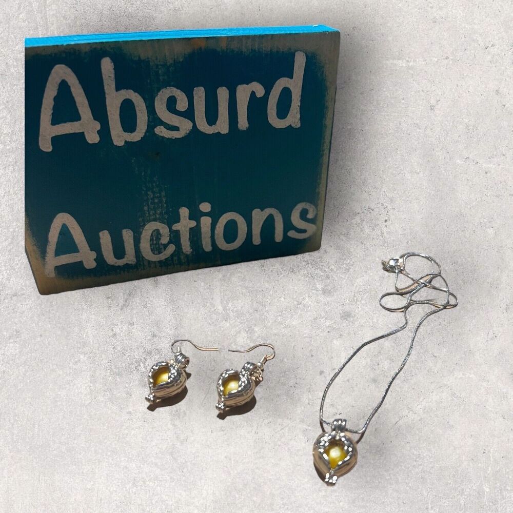 Silver Heart Shaped Cage Earrings and Pendant Necklace Set with Yellow Pearls